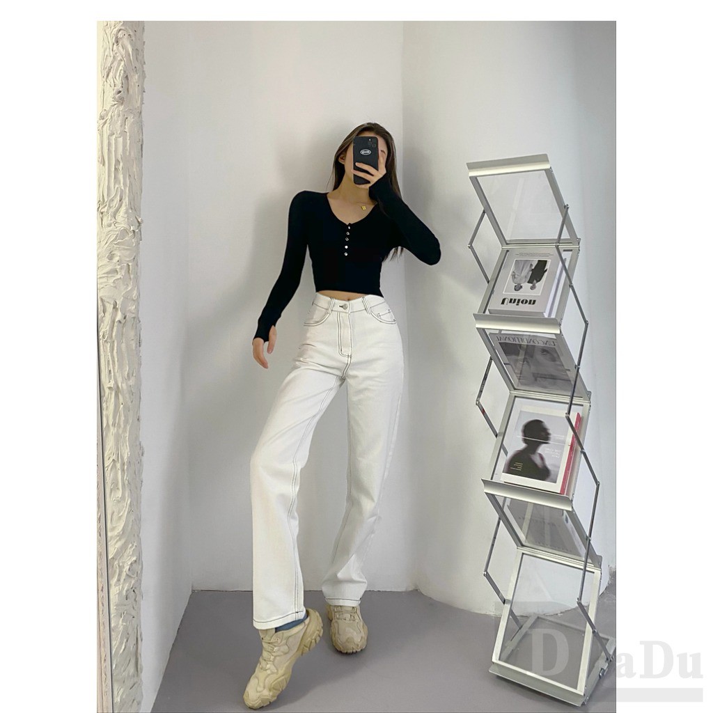 Ảnh Dadu Trắng Thẳng Quần Ống Rộng Hàn Quốc Plus Size Quần Denim Sàn Nhật Bản Quần Palazzo Quần Thường Ngày Quần Cao Cấp Quần Jean 4