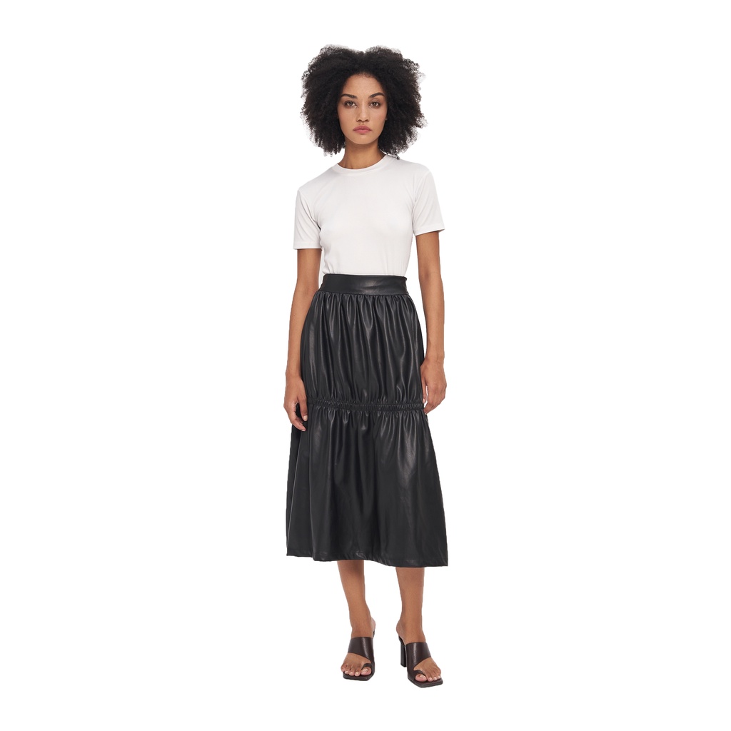 Chân váy da, xếp tầng, màu đen, là min – BLACK RUCHED LEATHER SKIRT