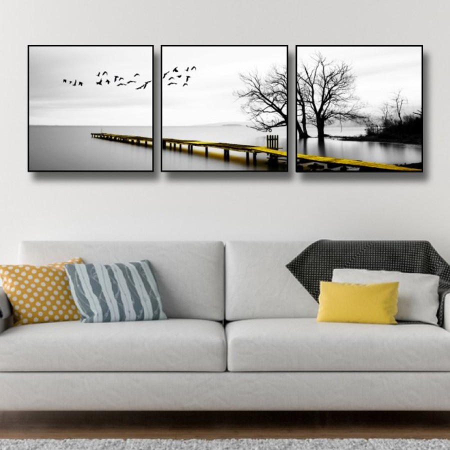 Bộ 3 tấm tranh canvas treo tường Lala Phong Cảnh Biển & Cầu Gỗ Dài trang trí phòng ngủ kèm đinh 3 chân không khoan tường