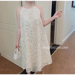 [V1.606] Váy Maxi Cổ Yếm Ren Hoa Nổi Hàng Lớp Siêu Xinh, Đầm Nữ Cổ Yếm Dáng Suông