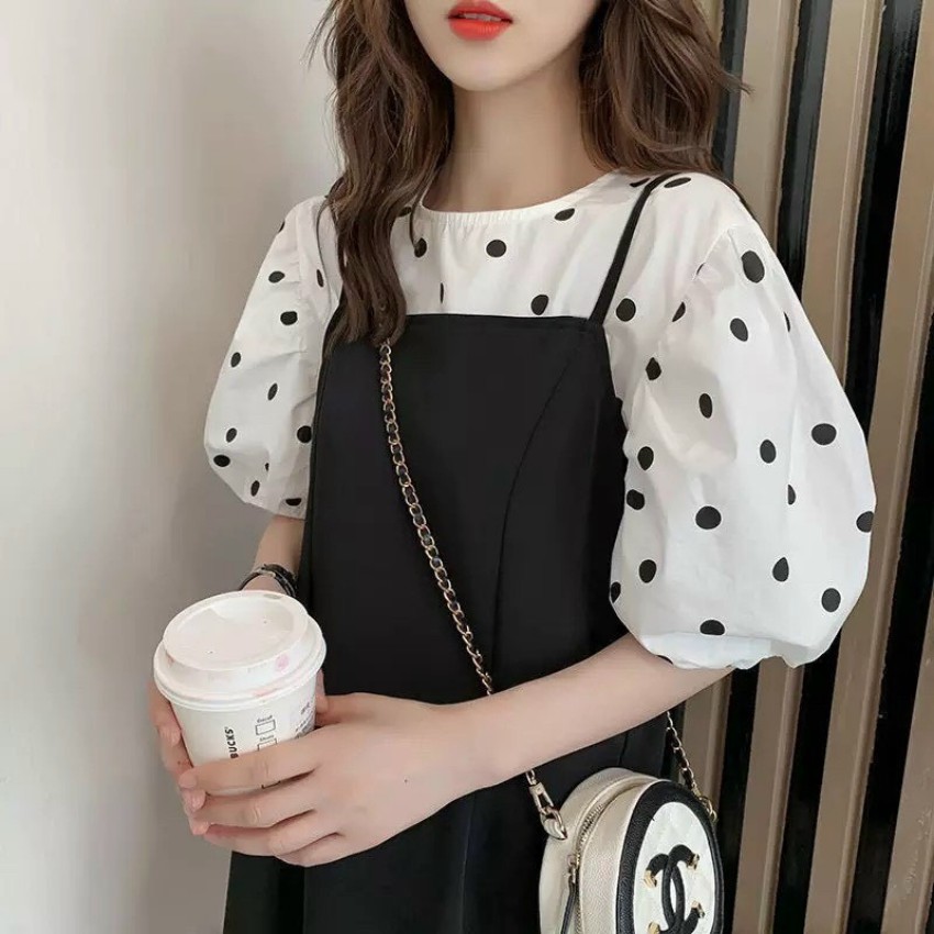 (XẢ LỖ )Đầm bầu-váy bầu chất cát hàn siêu mát không nhăn vai chấm bi cách điệu Q0003