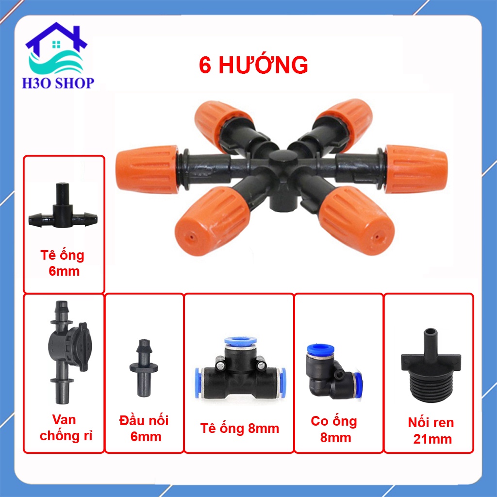 Bộ béc phun sương 6 hướng (chân nối tùy chọn), đầu tưới phun sương tưới cây, tưới lan, làm mát....