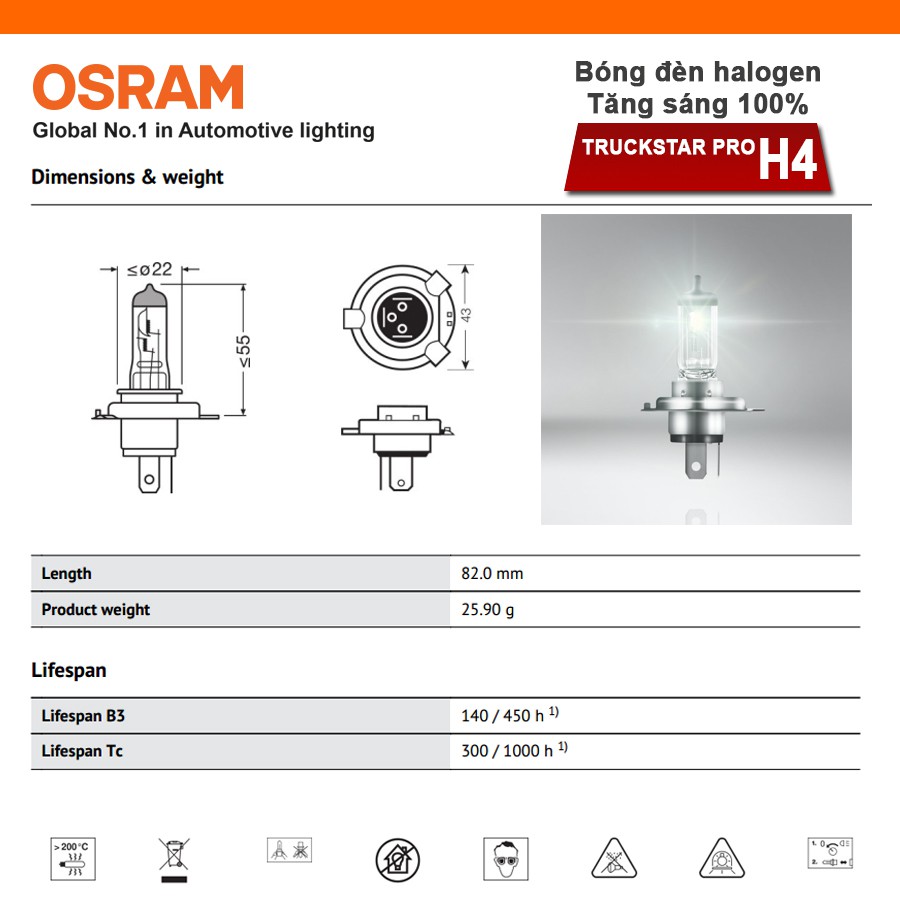 Combo 2 Bóng Đèn Halogen Tăng Sáng 100% OSRAM Truckstar Pro H4 24V 75/70W
