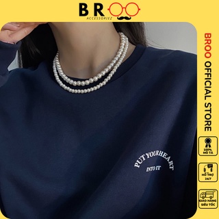 Dây chuyền ngọc trai nhân tạo BROO unisex 8 li bản đẹp, vòng cổ ngọc trai chuỗi trơn cho nam nữ