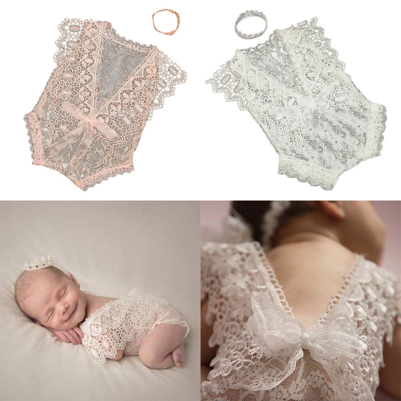 Innlike1 Đạo Cụ Chụp Ảnh Sơ Sinh Vương Miện Bé Băng Đô Ren Rỗng Ra Áo Liền Quần Body