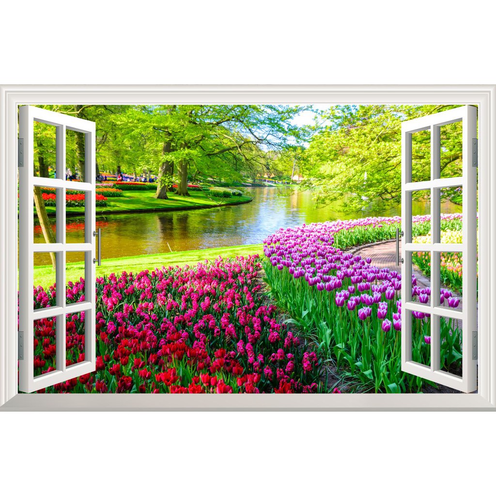 Tranh dán tường cửa sổ 3D - phong cảnh hoa đẹp - Kích thước theo ...