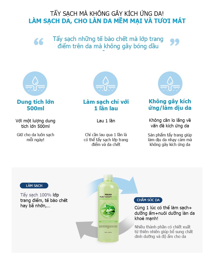 Mô tả Nước Tẩy Trang Dưỡng Ẩm Da Khô PEKAH Pure Therapy Aloe Cleansing Water 500ml - 1