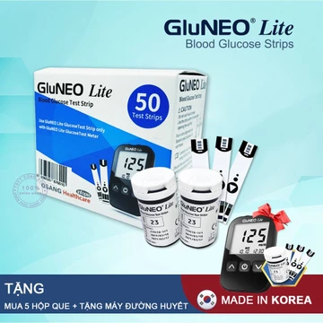 Que thử đường huyết GluNeo Lite (50 test/ hộp) + ( Mua 5 hộp que Gluneo lite tặng 1 bộ máy đo đường huyết Gluneo lite )