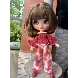 Set áo trễ vai tay dài quần sọc đỏ size blythe,ob,xinyi,barbie