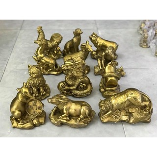 Tượng 12 Con Giáp ngồi trên đá cầm ngọc bằng đồng Chuột Trâu Hổ Mèo Rồng Rắn Ngựa Dê Khỉ Gà Chó Heo Lợn