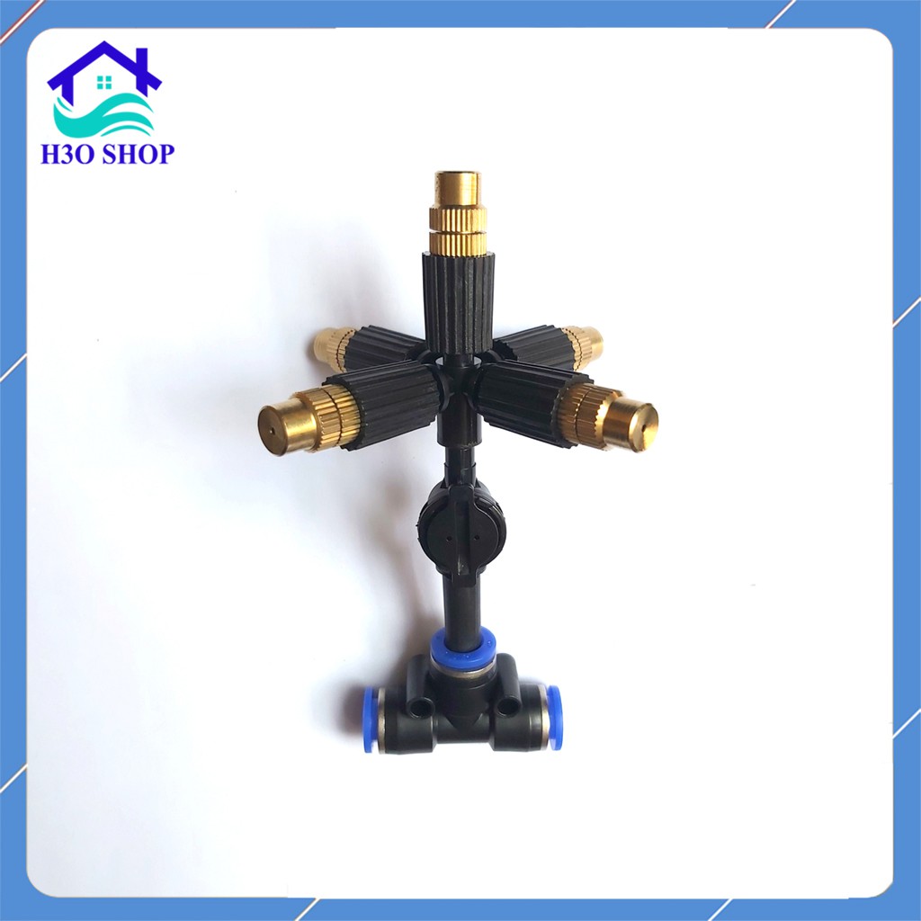 Béc Phun Sương Bằng Đồng 5 Hướng + Tê Nối Ống 8mm Và Van Chống Nhỏ Giọt