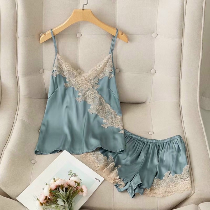 bộ ngủ hai dây ren chéo mềm mịn cao cấp Bộ mặc nhà sang chảnh thanh lịch