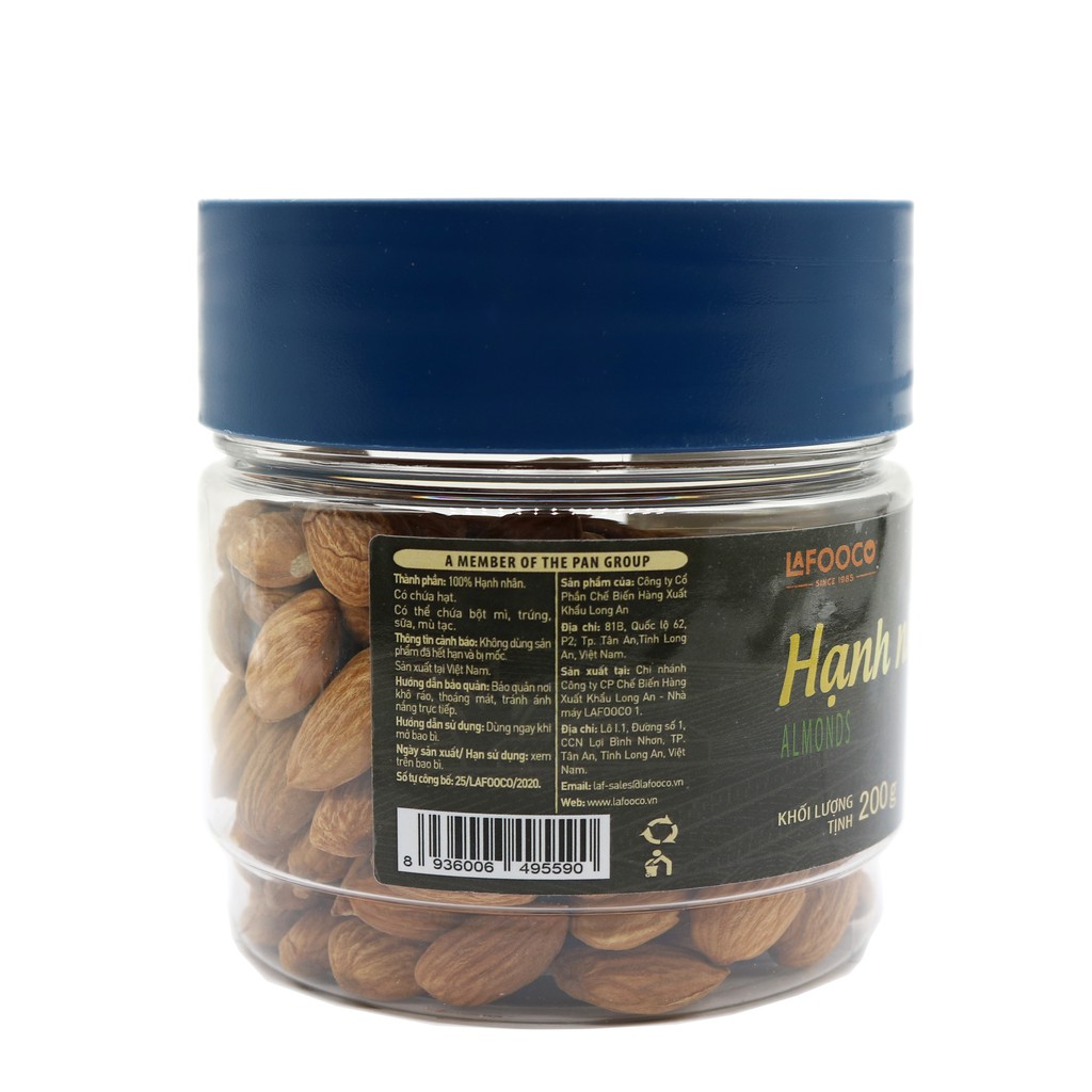 LAFOOCO Hạnh nhân Mỹ sấy không muối 200g/ hủ