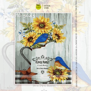 Tranh tô màu số hóa Madoca có khung 40x50cm hoa hướng dương bên chim xanh T5045