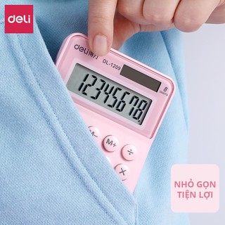 Máy tính cầm tay 8 số Deli cho học sinh văn phòng màu pastel dễ thương nhỏ gọn sử dụng pin và năng lượng mặt trời