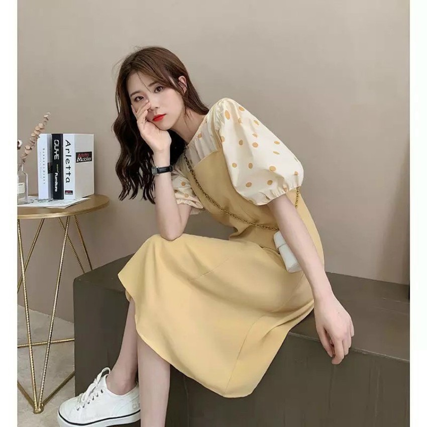 (XẢ LỖ )Đầm bầu-váy bầu chất cát hàn siêu mát không nhăn vai chấm bi cách điệu Q0003