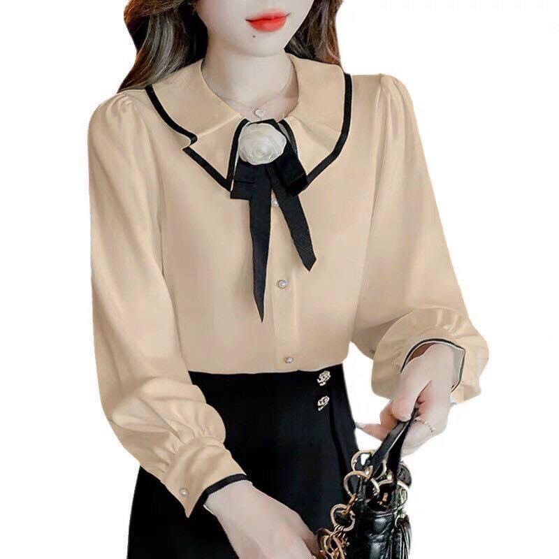 Áo Sơ Mi Nữ Gloria Shop, Áo Kiểu Nữ Tay Bồng Cổ Gắn Hoa Màu Trẻ Trung Chất  Lụa Trơn Hàng Đẹp Sm149K2 | Shopee Việt Nam