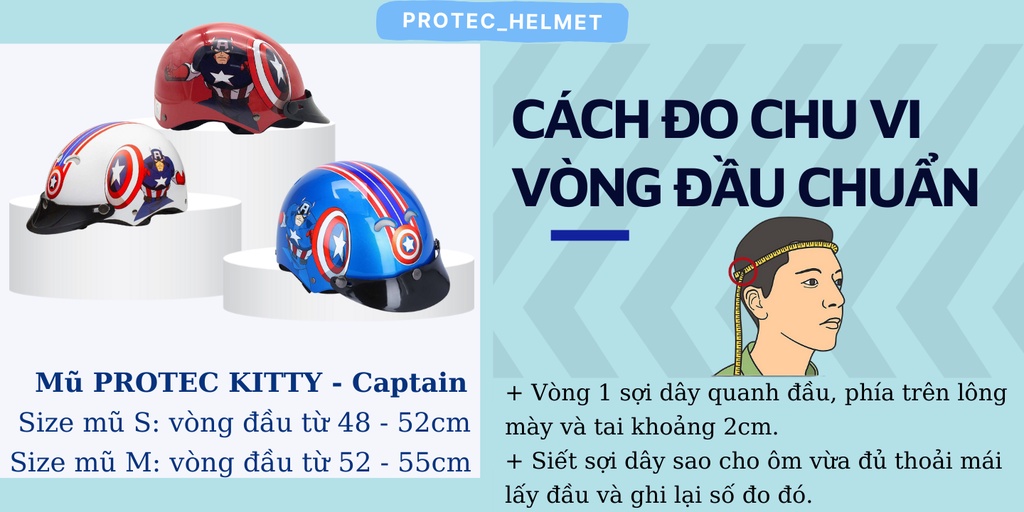 Mô tả Nón Bảo Hiểm Trẻ Em 1/2 Đầu Protec Kitty, Họa Tiết Siêu Anh Hùng Captain American - 2