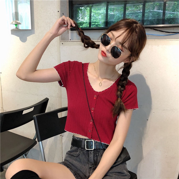 SUXI Áo Crop top thời trang cổ chữ V Áo sơ mi nữ dệt kim