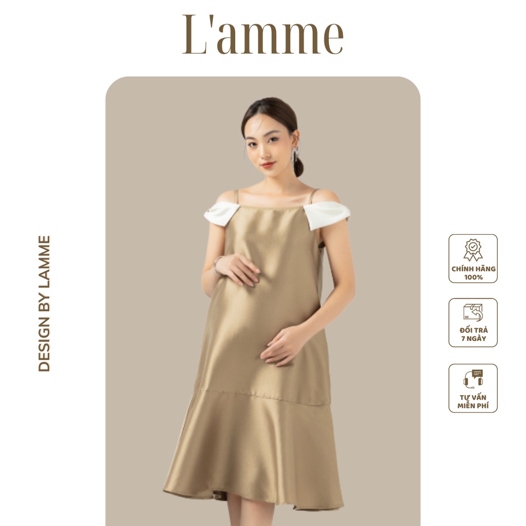 Váy bầu Elle Dress chất liệu tafta cao cấp, tay áo phối nơ, phù hợp đi tiệc thiết kế bởi LAMME