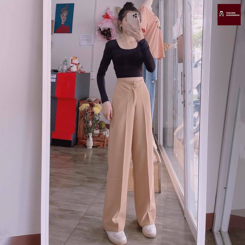 Quần Ống Rộng Suông lưng cao khóa trước 1 khuy chất tuyết mưa khuy giữa quần culottes ống xuông cạp cao cho nữ 008