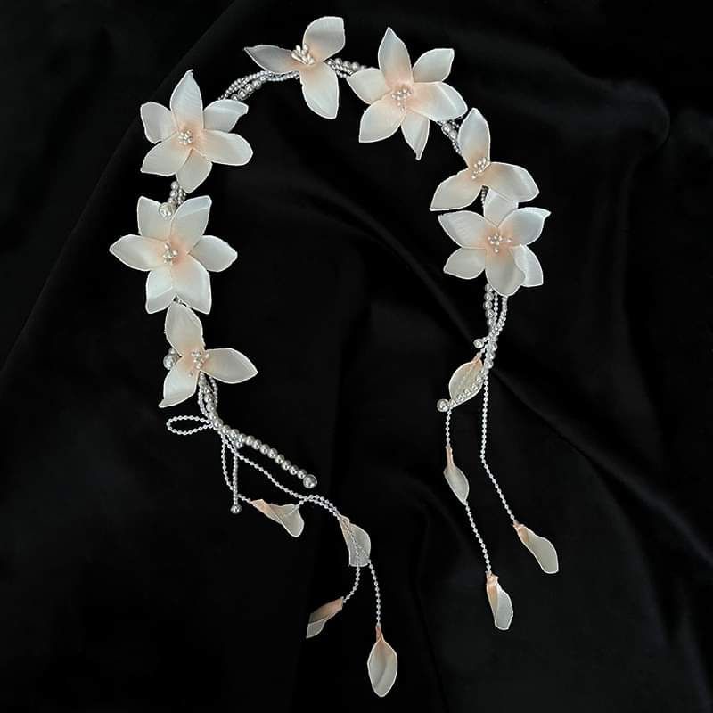 Bộ cài tóc cô dâu hoa vải lụa phối hạt ngọctrai cao cấp, phụ kiện cài tóc cô dâu, phụ kiện cưới