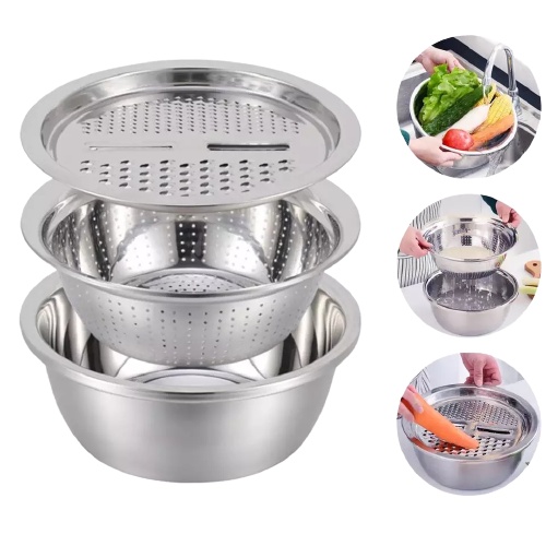Bộ Thau Rổ Inox Đa Năng - Bộ 3 Rổ Chậu Nạo Gọt Bào Thái Lát Rau Củ Quả ...