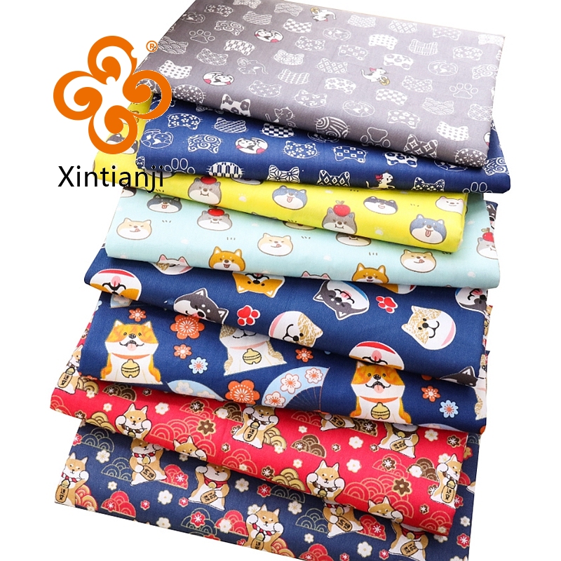 Mèo May Mắn và Chó - Vải Cotton Twill Phong Cách Nhật Bản, 50x160cm