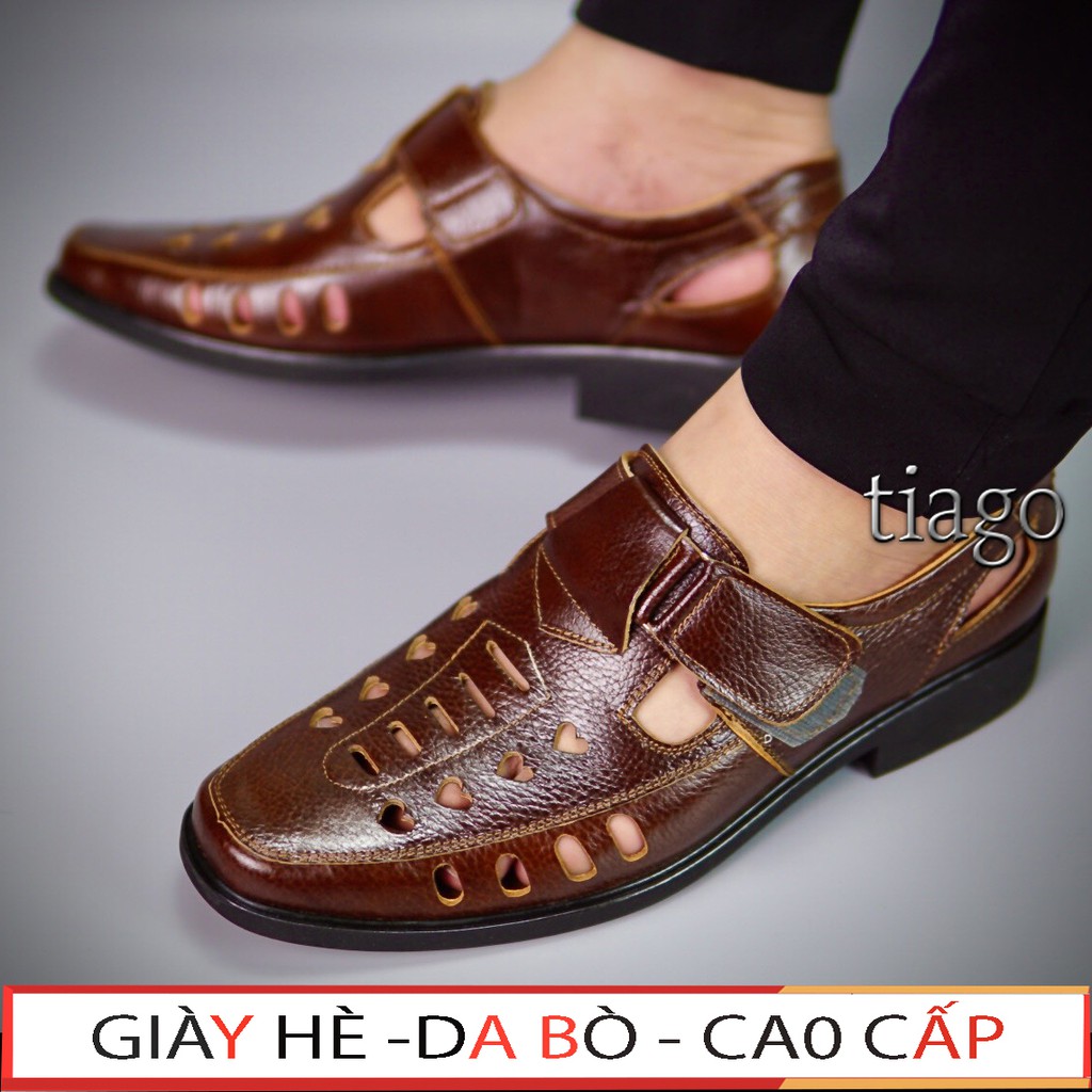 Giày rọ nam da bò,đục lỗ thoáng khí trung tuổi , đế cao su khâu siêu ...