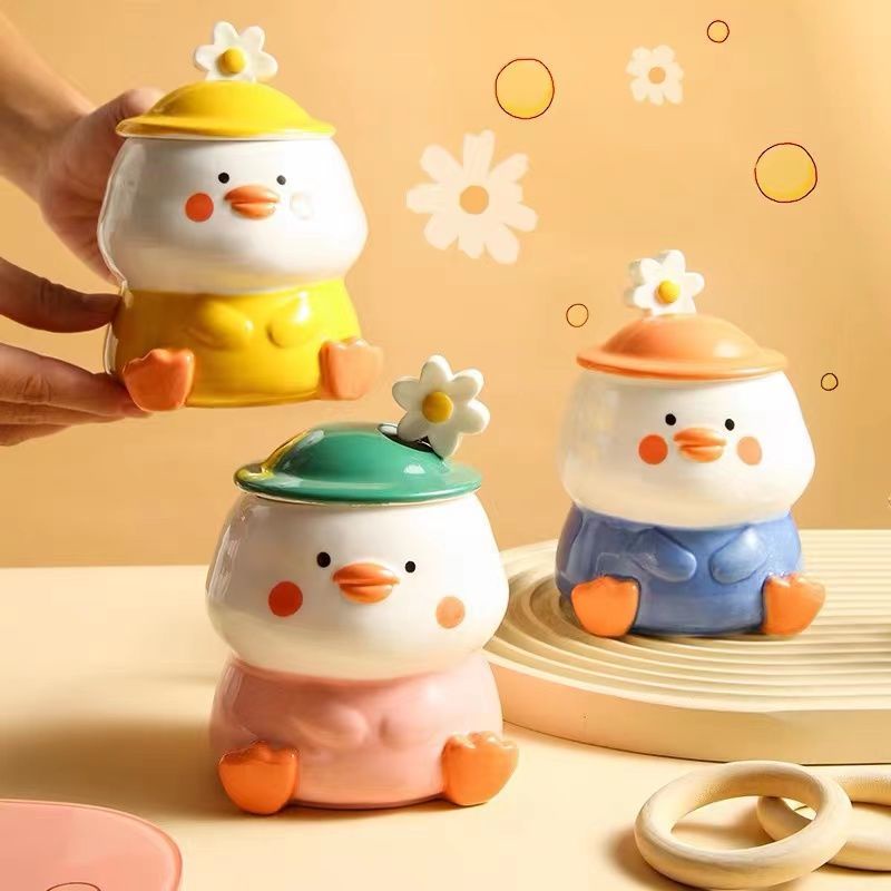 Mùa Xuân Vịt Đi Chơi Cốc Gốm Có Giá Trị Cao Cốc Cá Tính Có Nắp Thìa Cô Gái Học Sinh Dễ Thương Cách Nhiệt Cốc Uống