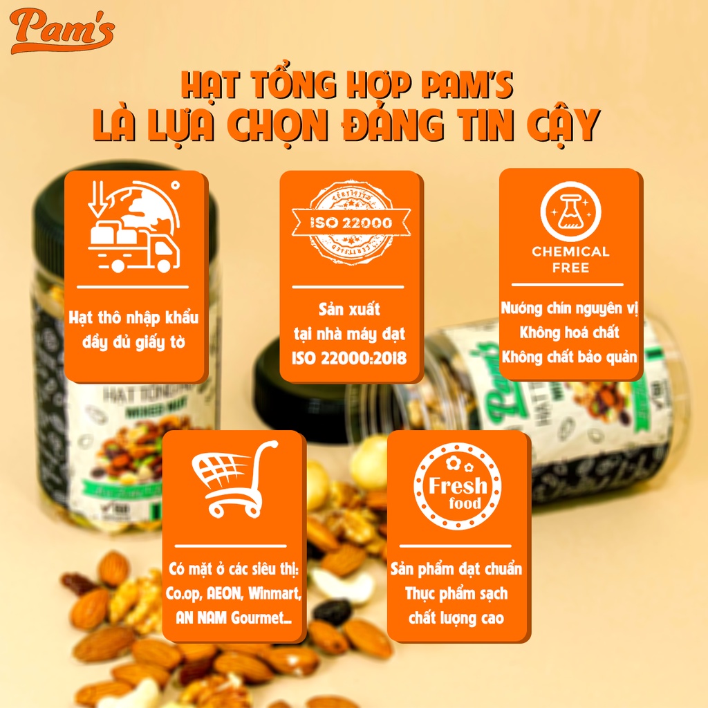 Hạt Dinh Dưỡng Mix 6 Loại Pams 160g/hũ - Macca, Hạnh Nhân, Nhân Hạt Óc Chó, Hạt Bí, Hạt Điều, Nho Úc