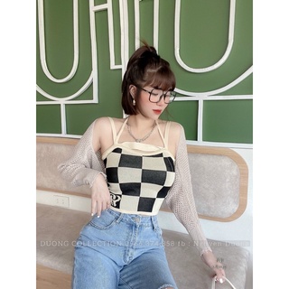 Set áo cadigan lưới mix áo hai dây len kẻ ô vuông, chất len mtg.