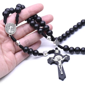 Dây chuyền chuỗi hạt mân côi đen mặt hình thánh giá chúa Jesus