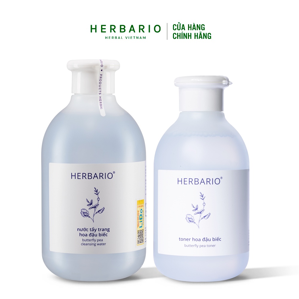 Bộ Nước tẩy trang Hoa đậu biếc Herbario 300ml + Toner Hoa đậu biếc Herbario 200ml ngăn ngừa lão hóa da