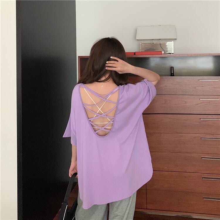 Milyfaashion Mùa Hè Thiết Kế Tay Ngắn Gợi Cảm Dây Rời Kích Thước Lớn Giữa Chiều Dài Áo Thun