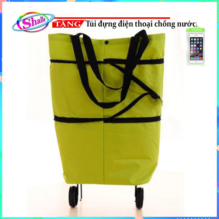 Túi mua sắm gấp gọn đi chợ đeo vai nữ 2 bánh xe kéo tăng đưa cao thấp tiện lợi Shalla Tặng túi chống nước điện thoại