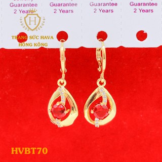Bông Tai, Khuyên Tai Nữ Dáng Dài Đính Đá Đỏ Xi Mạ Vàng 24K Cao Cấp - Trang Sức Hava - HVBT70