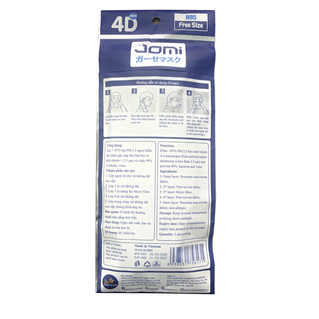 Khẩu Trang 4D Jomi Lọc Bụi Mịn N95 + PM 2.5 Gói 5 Miếng
