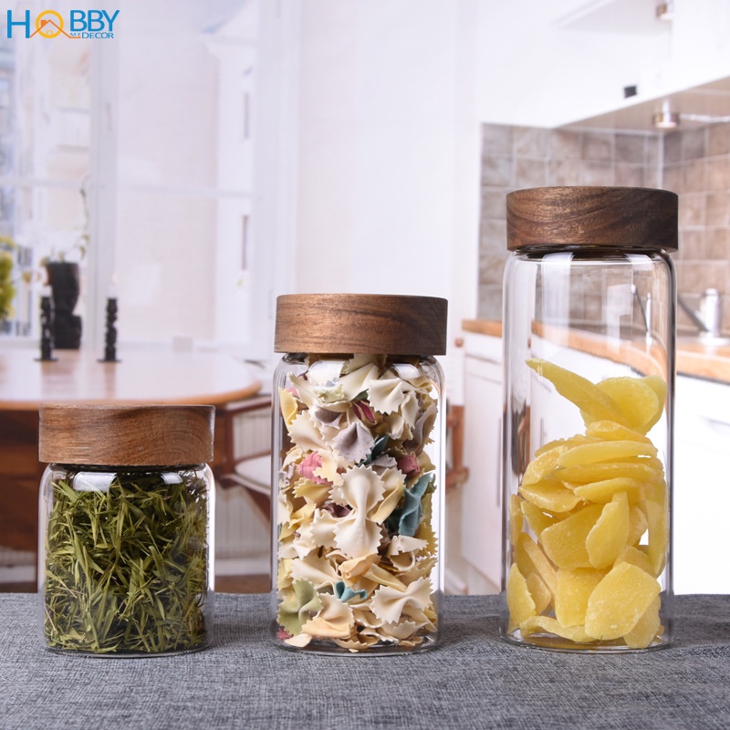 Lọ hũ thủy tinh đựng gia vị nắp gỗ vặn kín HOBBY Home Decor HUNG2 - 3 size tùy chọn