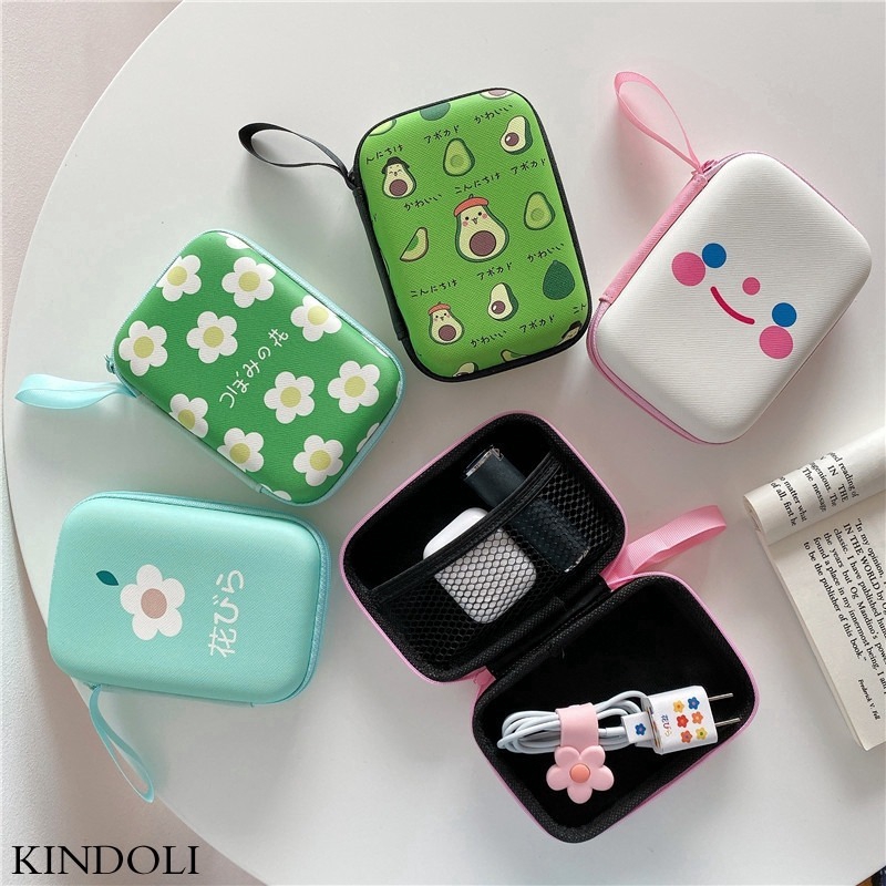 Túi mini đựng dây cáp/tai nghe/sạc dự phòng thiết kế khóa kéo in hình hoa/quả bơ dễ thương