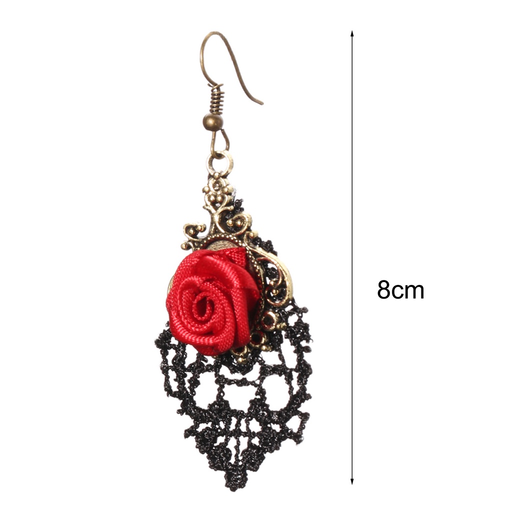 Đôi bông tai ren đen đính hoa hồng đỏ phong cách vintage thời trang dành cho nữ