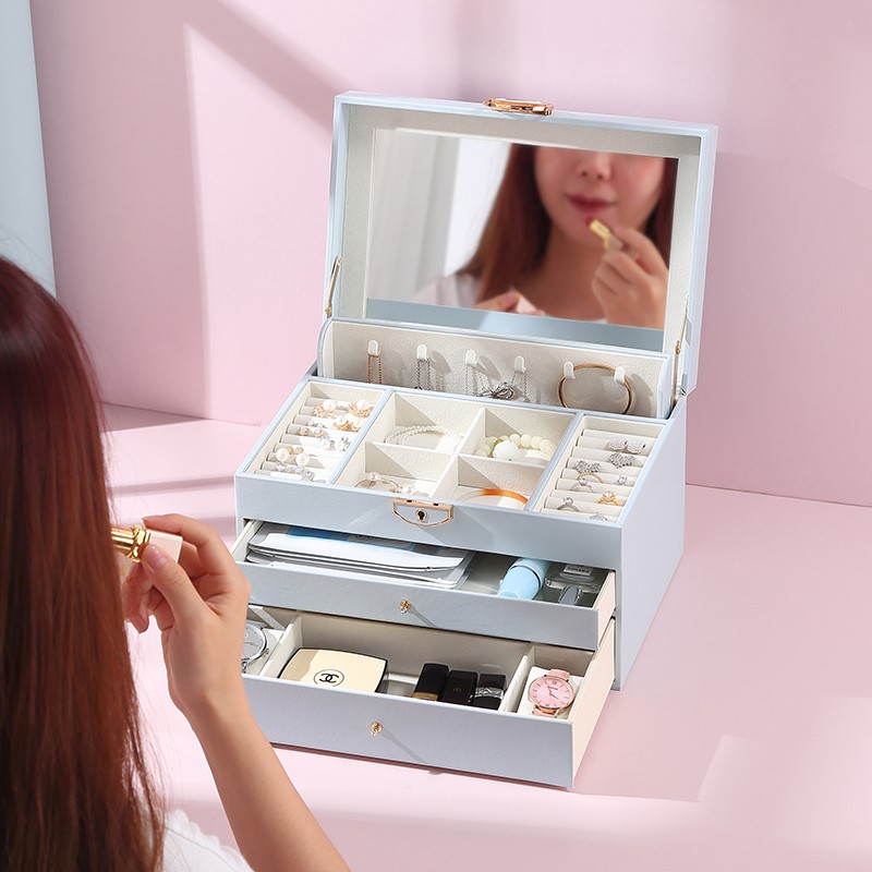 Hộp đựng trang sức CASEGRACE da PU sức chứa lớn tích hợp gương sang trọng nhỏ gọn có tay cầm
