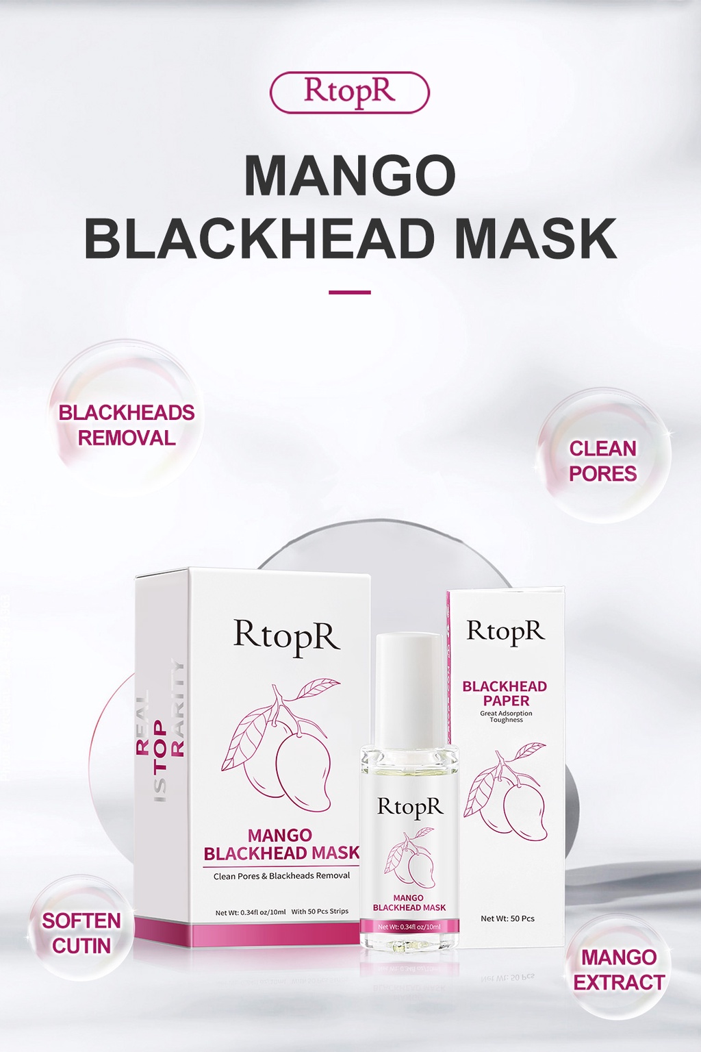 Mô tả RtopR Mango Blackhead Remover Mask  Mặt nạ xoài RtopR kèm 50 giấy lột/ serum loại bỏ mụn đầu đen và thu nhỏ lỗ chân lông - 1