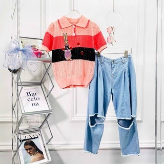 Áo len polo nữ, len đan sợi thoe thêu phối màu hồng cam cực xinh nhé 234