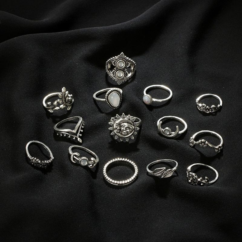 Vic Fashion Moon Star Leaf Flower Rings Bộ 14 chiếc thông thường