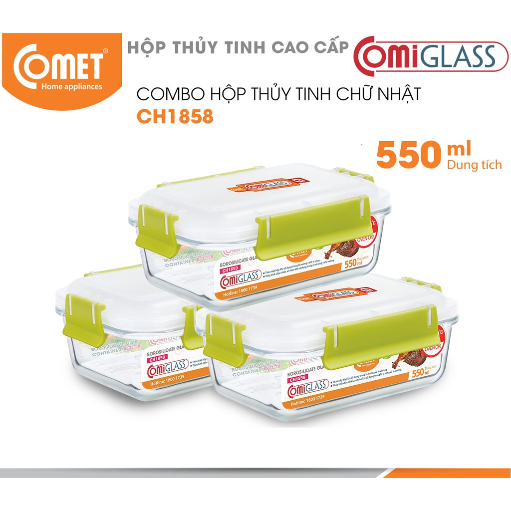 Combo 3 hộp thực phẩm thuỷ tinh Comet CH1858 - 550ml