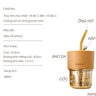 Cốc thủy tinh GorGous 450ml bọc da có nắp và ống hút - pha sữa, cafe sang chảnh chống bỏng
