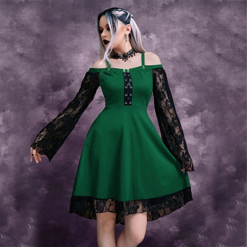 DASBSUG Nữ Gothic Chuông Tay Vai Cho Cross Strappy A-Line Midi Dress Partyw