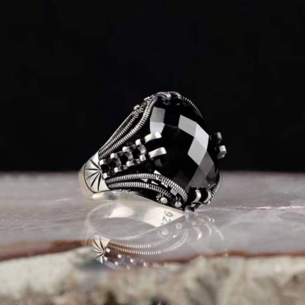 Nhẫn Inox Đen Đính Đá Quý Phong Cách Punk Cho Nam