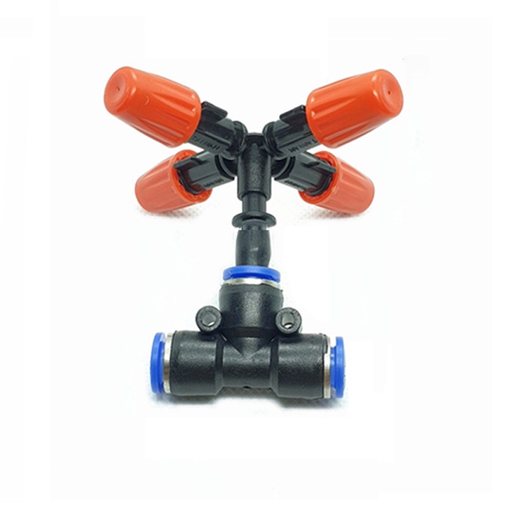 50 Bộ béc tưới phun sương 4 hướng cam kèm tê nối nhanh ống 8mm (tùy chọn van chống rỉ nước)